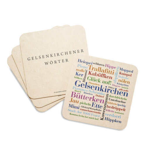 Die Gelsenkirchener Wortart auf einem Bierdeckel vereint.